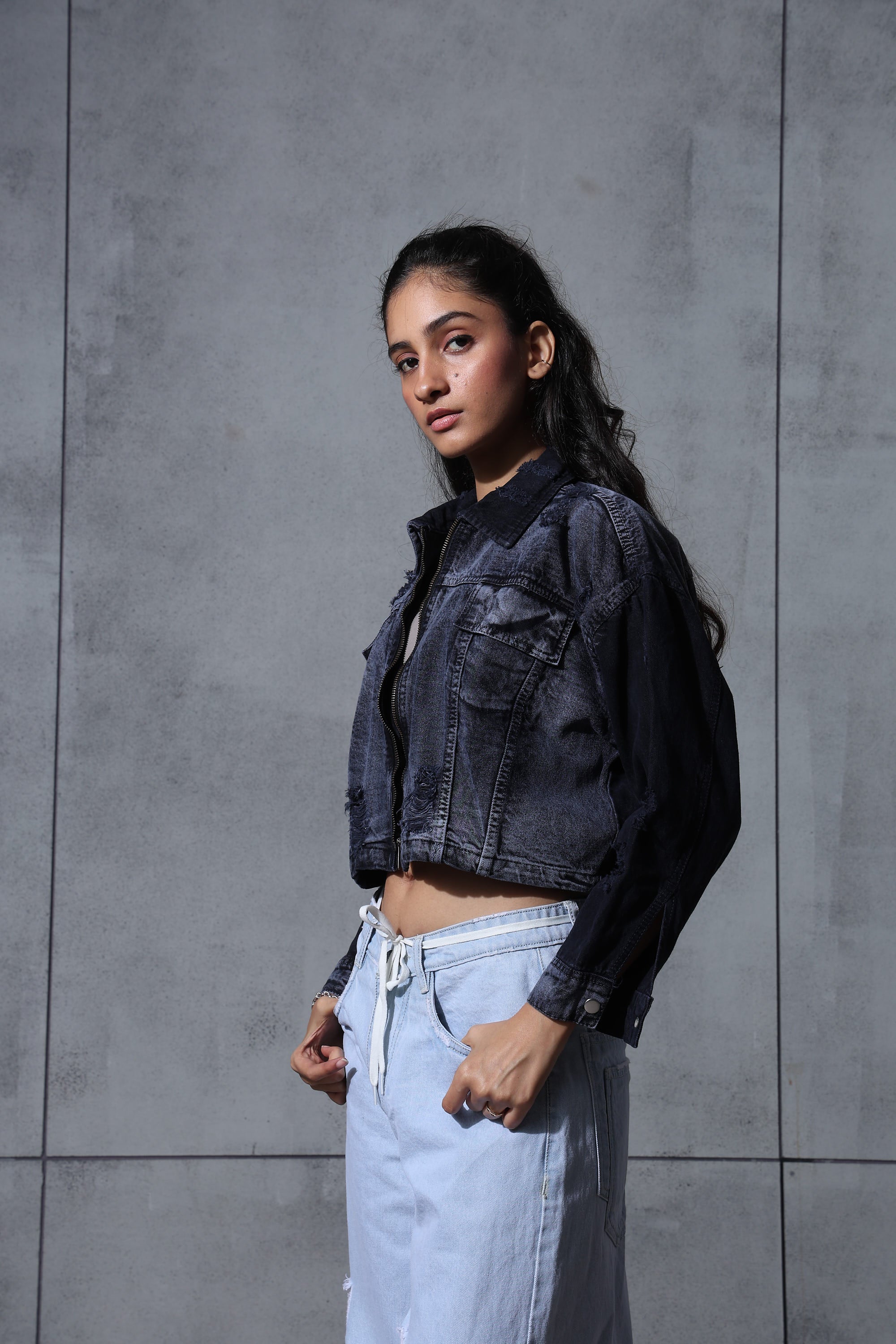 Acid wash blue-grey cropped jacket