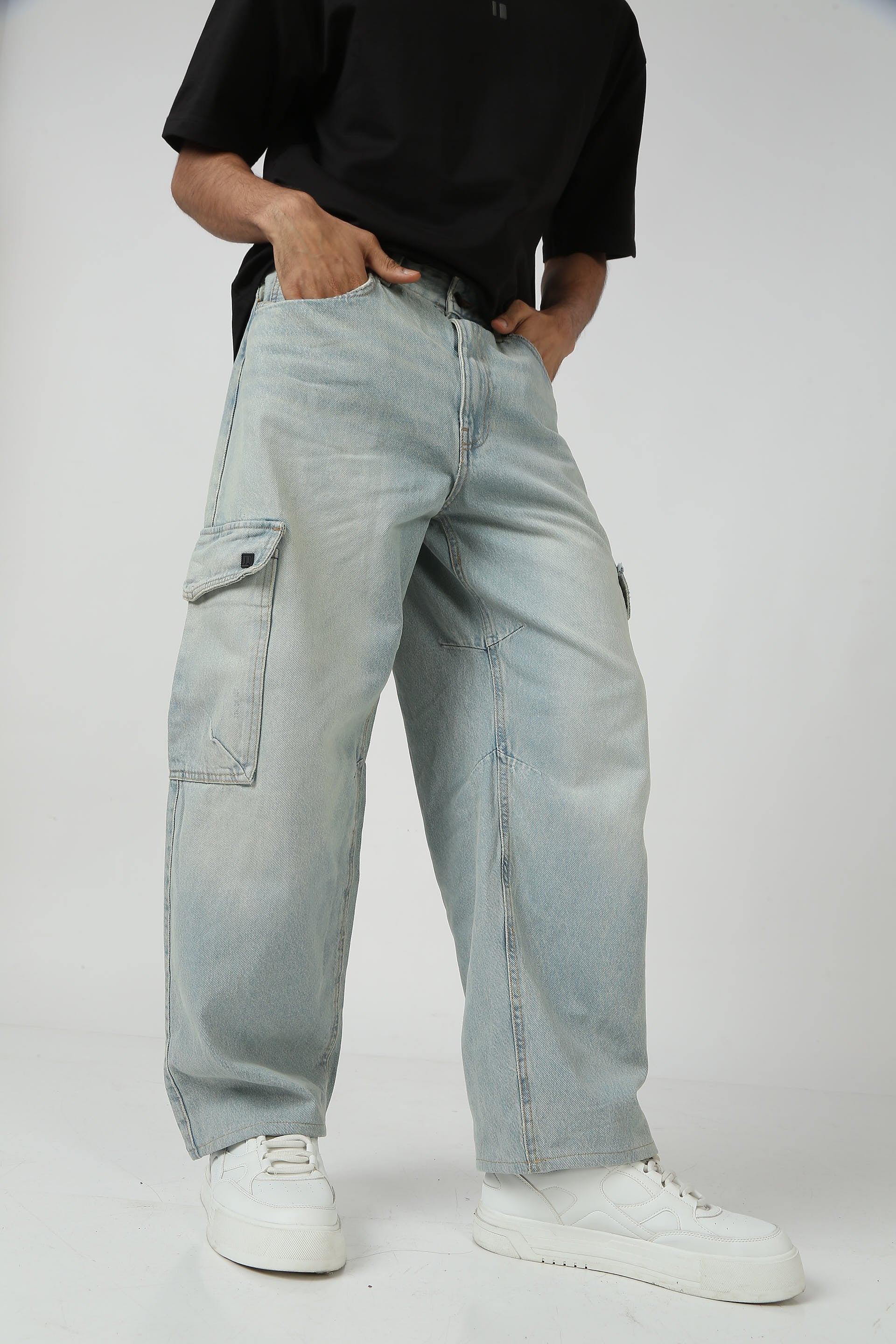 Light Blue Denim Cargos for men with cargo pockets