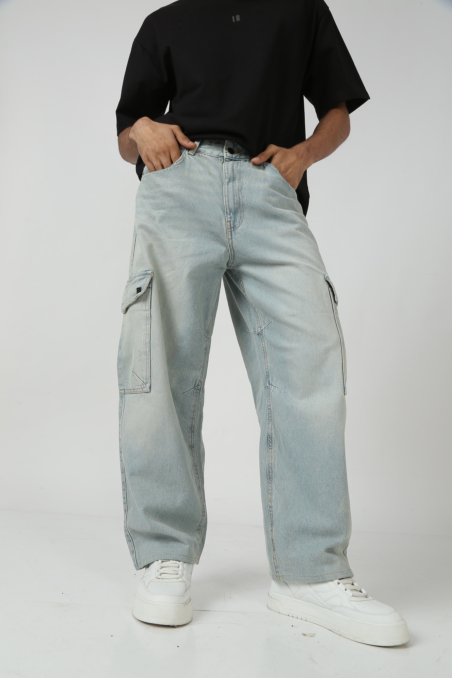 Light Blue Denim Cargos for men with cargo pockets