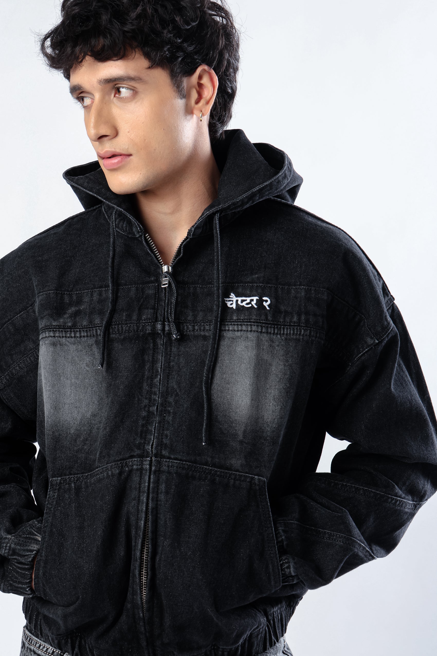 Black washed Denim Hoodie