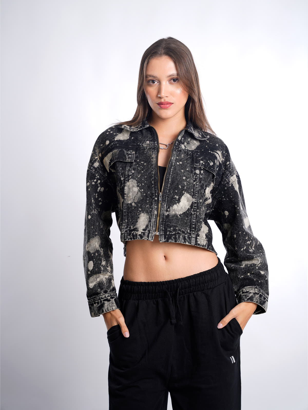Chapter2Drip Black hypo-wash denim cropped jacket