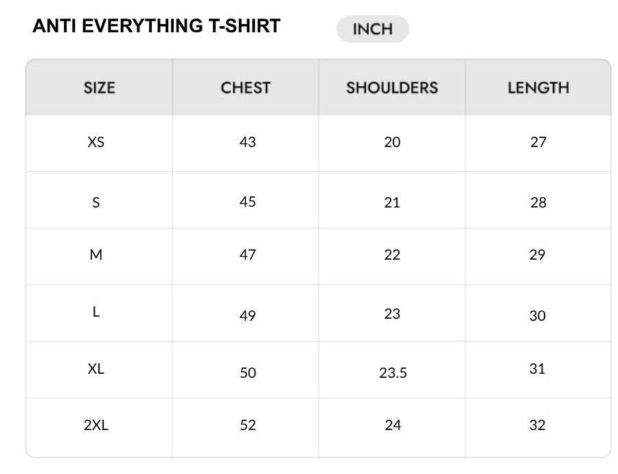 Size chart - INCH