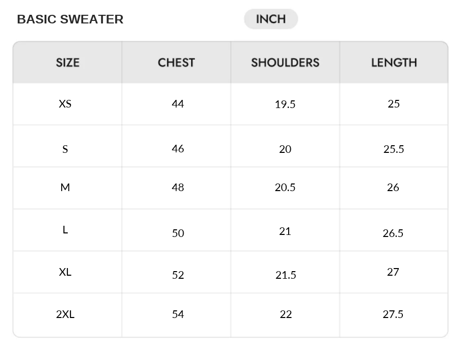 Size chart - INCHES