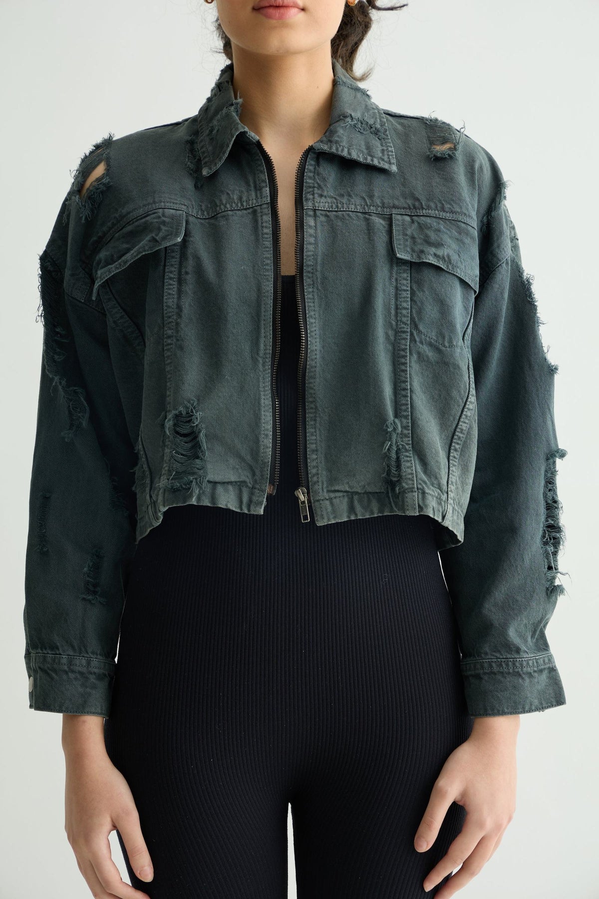 Olive cropped jacket & Distressed Blue Baggy Denims