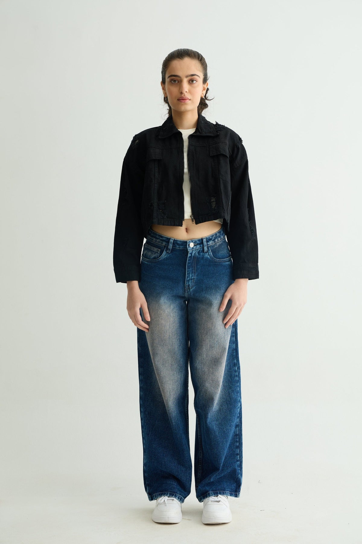 Black Cropped Jacket & Distressed Blue Baggy