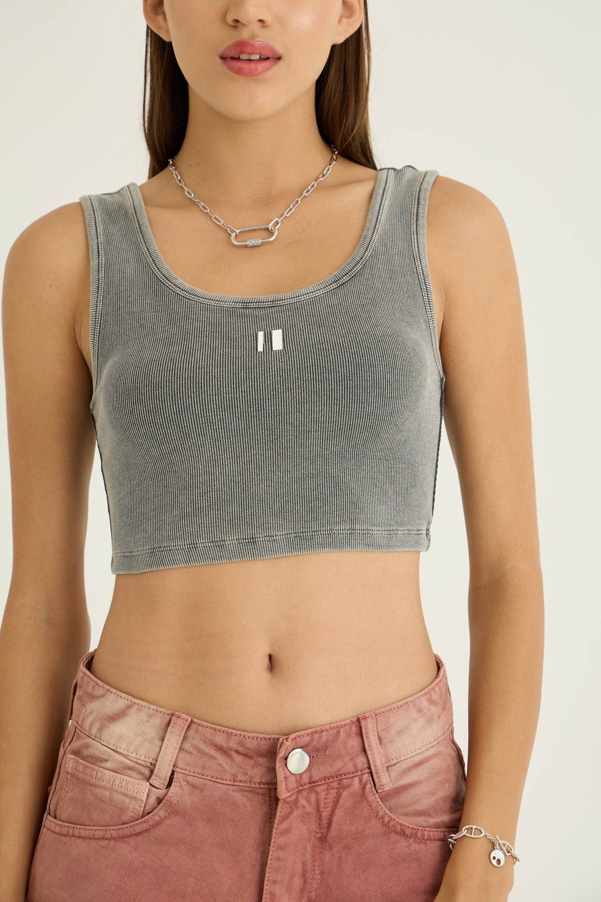 Grey Ribbed Crop Stone Wash