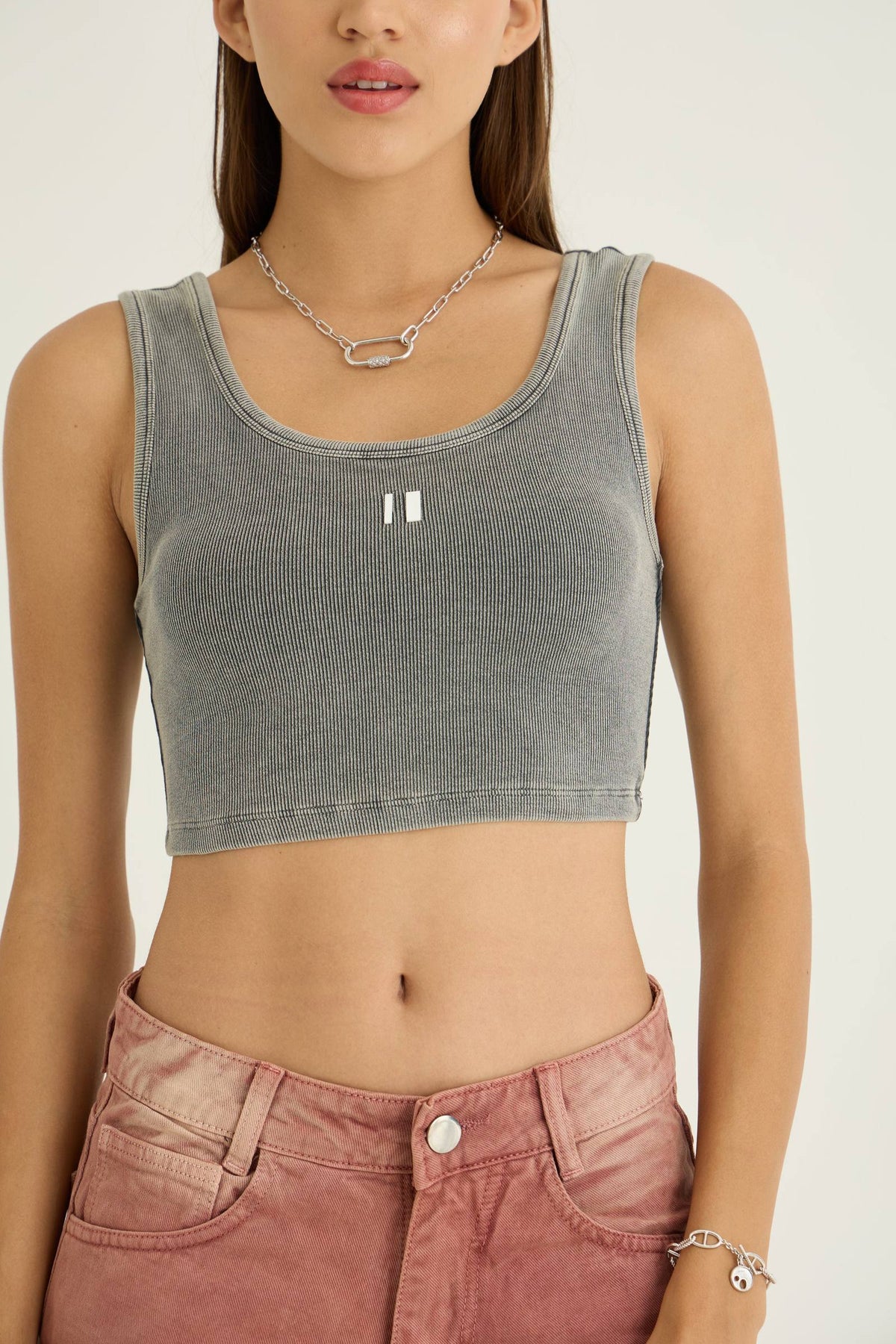 Grey Ribbed Crop Stone Wash