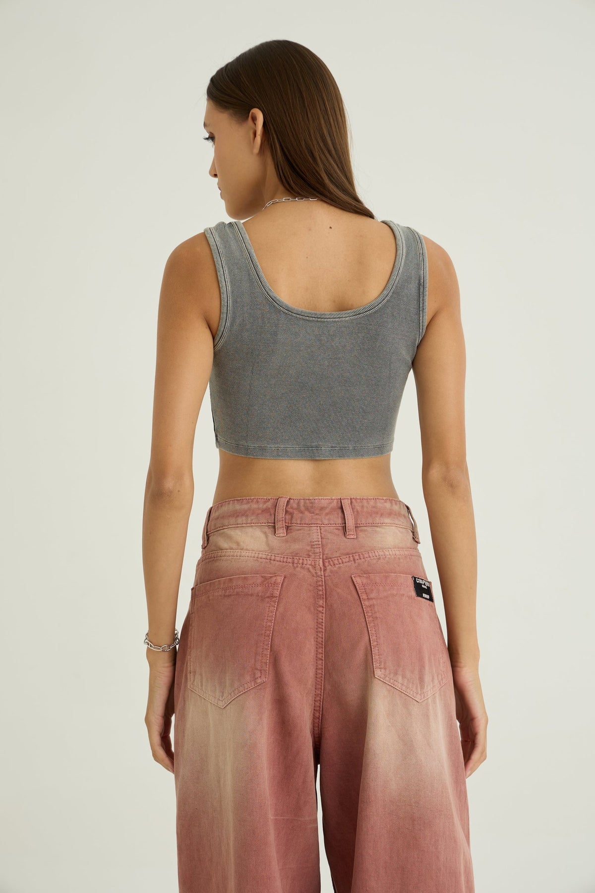 Grey Ribbed Crop Stone Wash