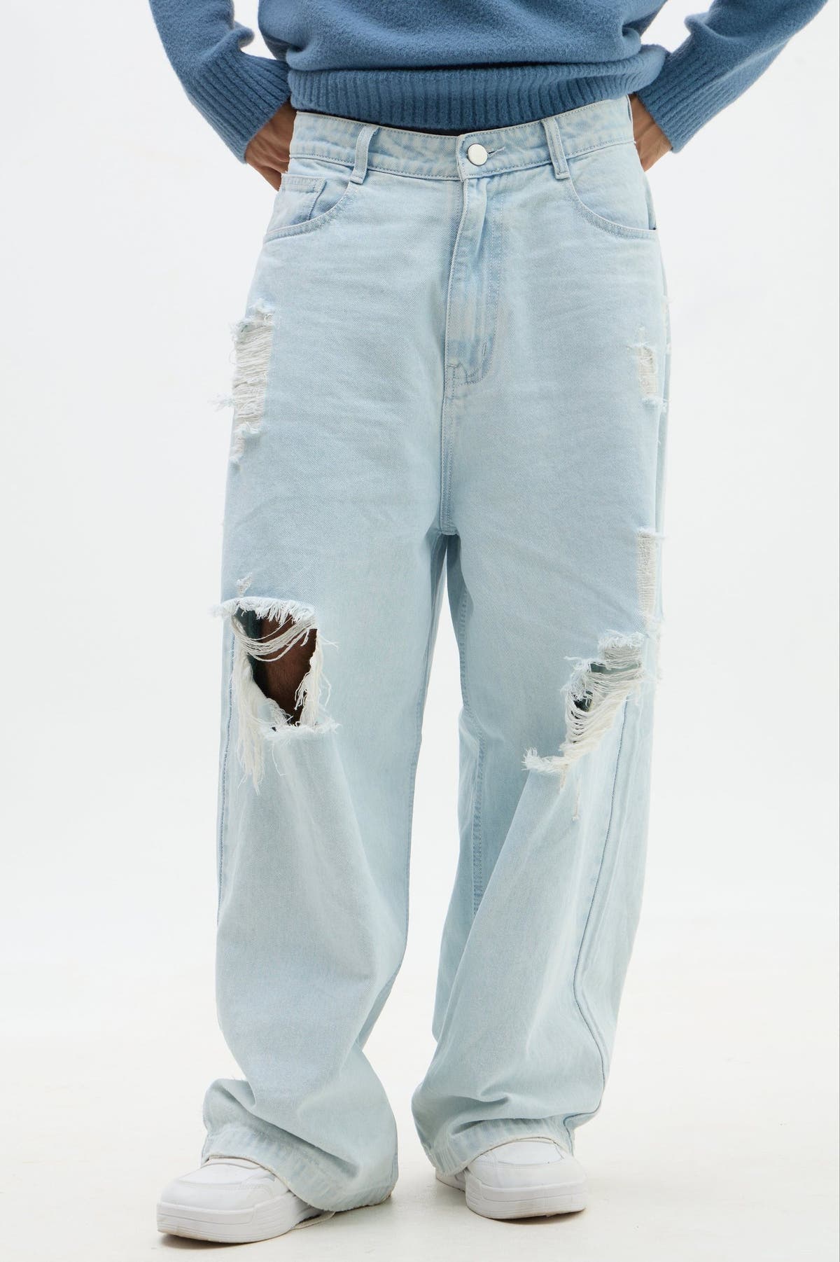 Sky Blue Wash Distressed Baggy Denim