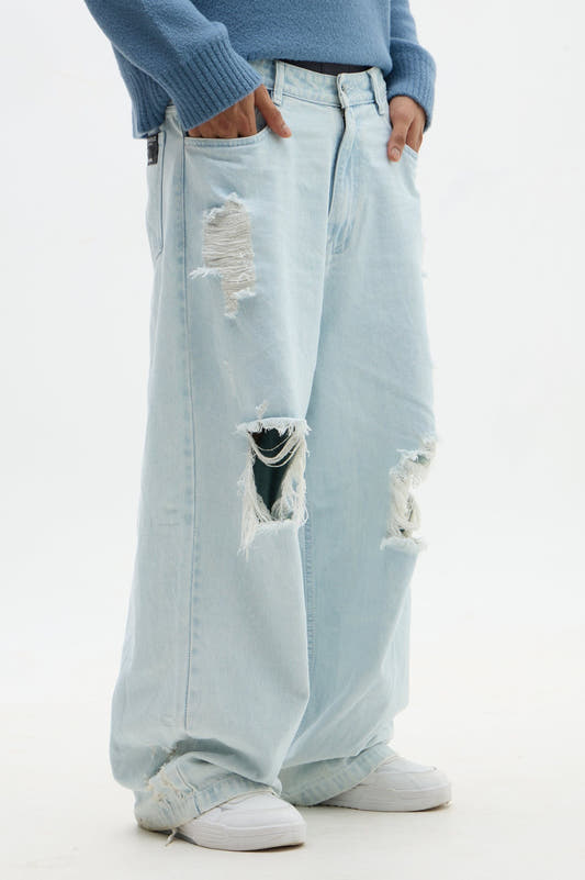 Sky Blue Wash Distressed Baggy Denim