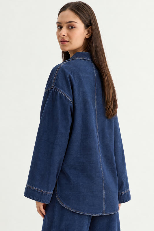 Indigo Denim Kurta Set - Girl over shoulder