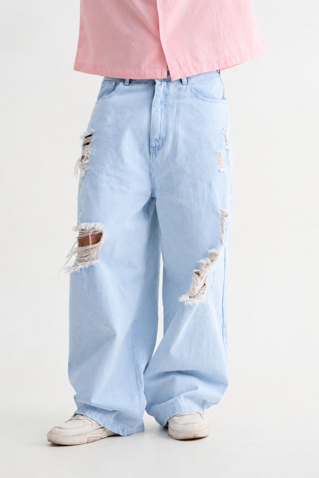Sky Blue Wash Distressed Baggy Denim