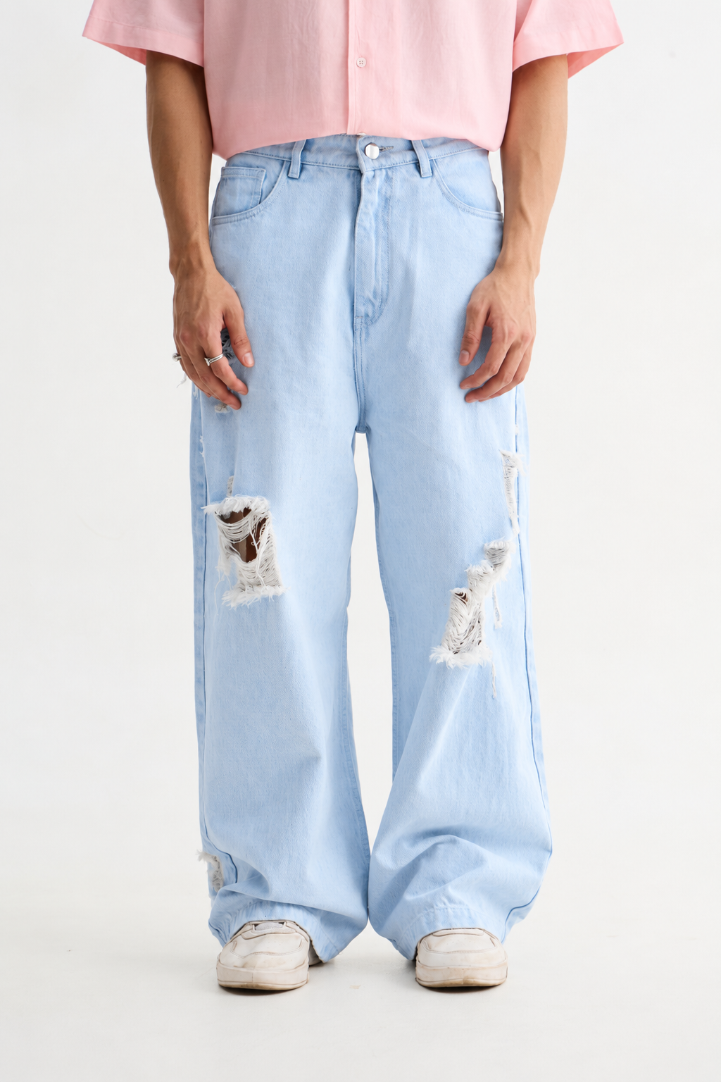 Sky Blue Wash Distressed Baggy Denim