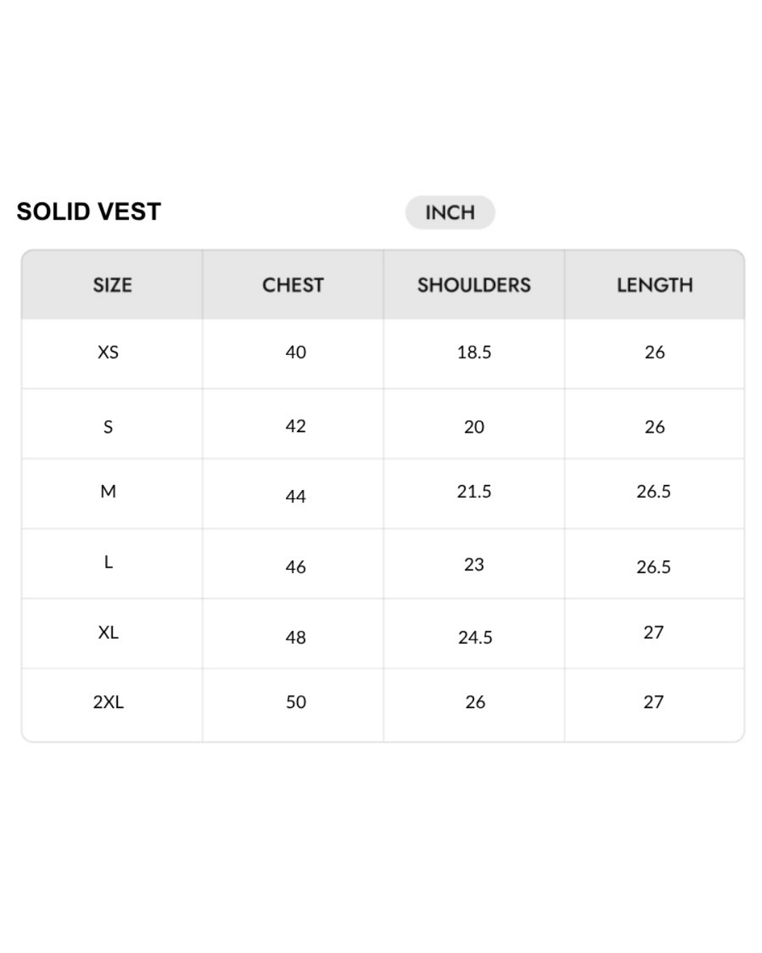 Size chart - INCH