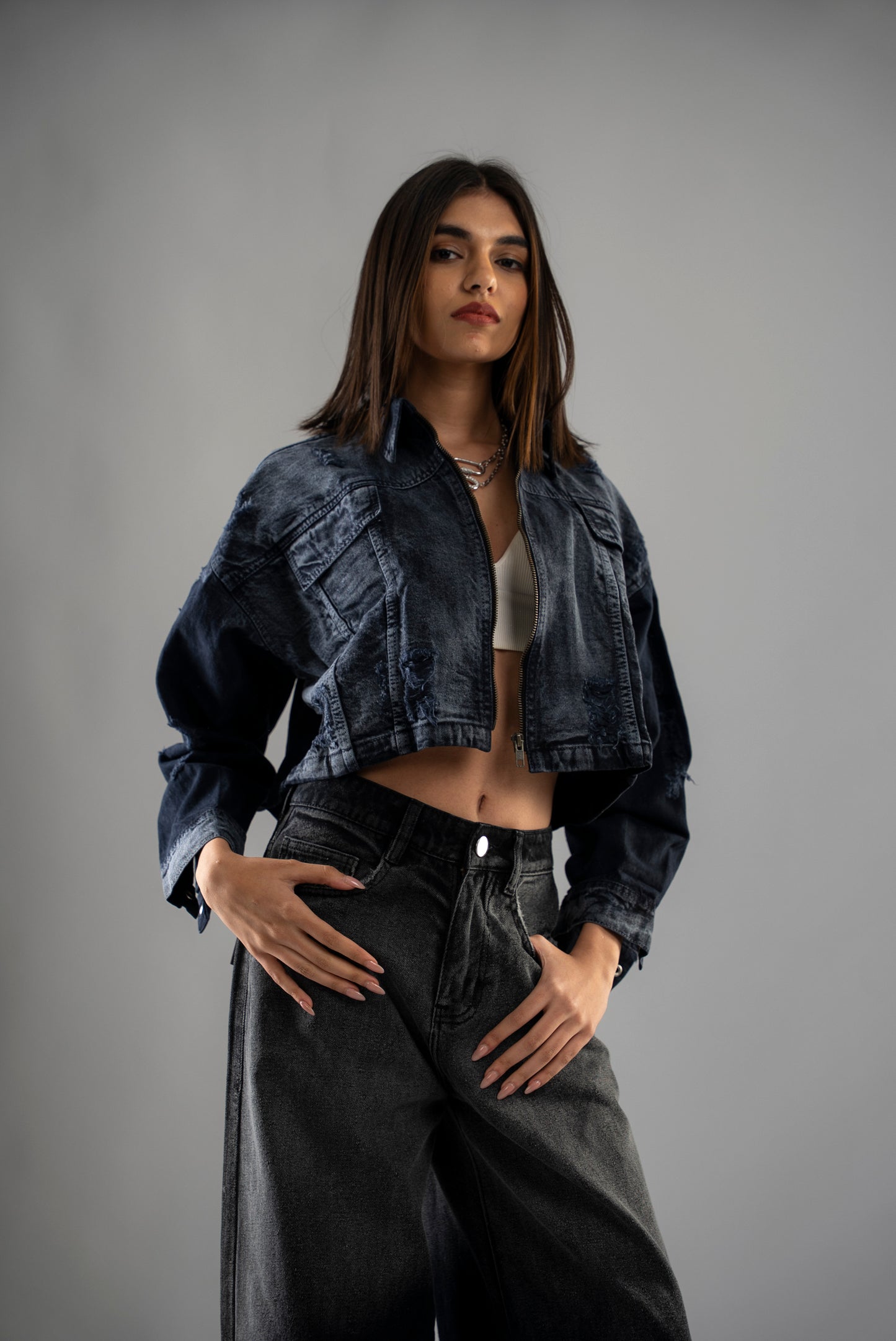 Acid Wash Blue-Grey Cropped Jacket