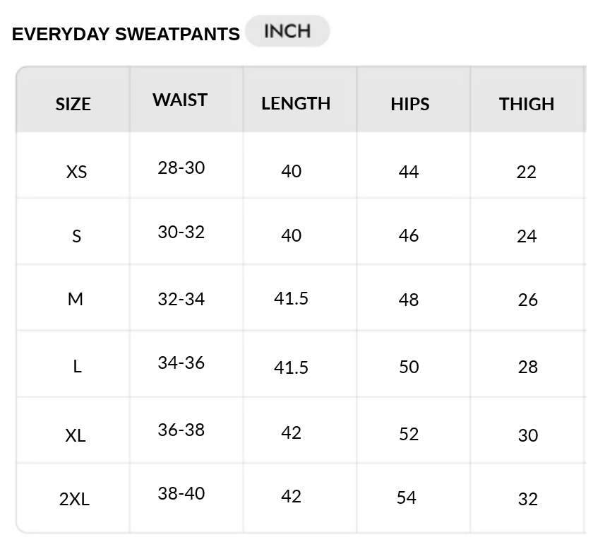 Size chart - INCHES