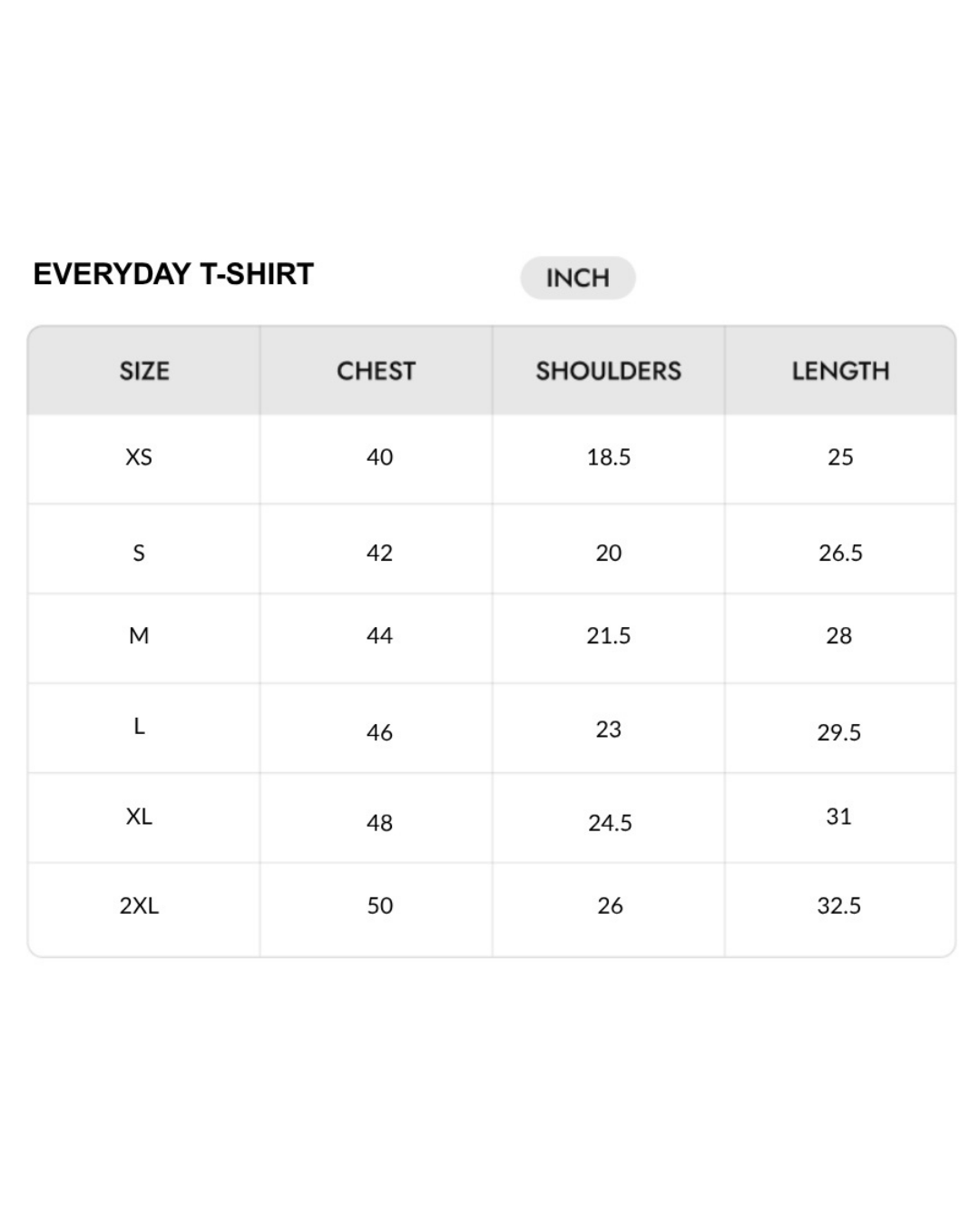Size chart - INCH