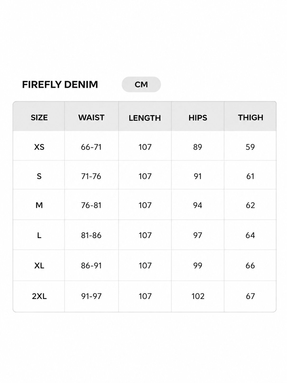 Size chart - CM
