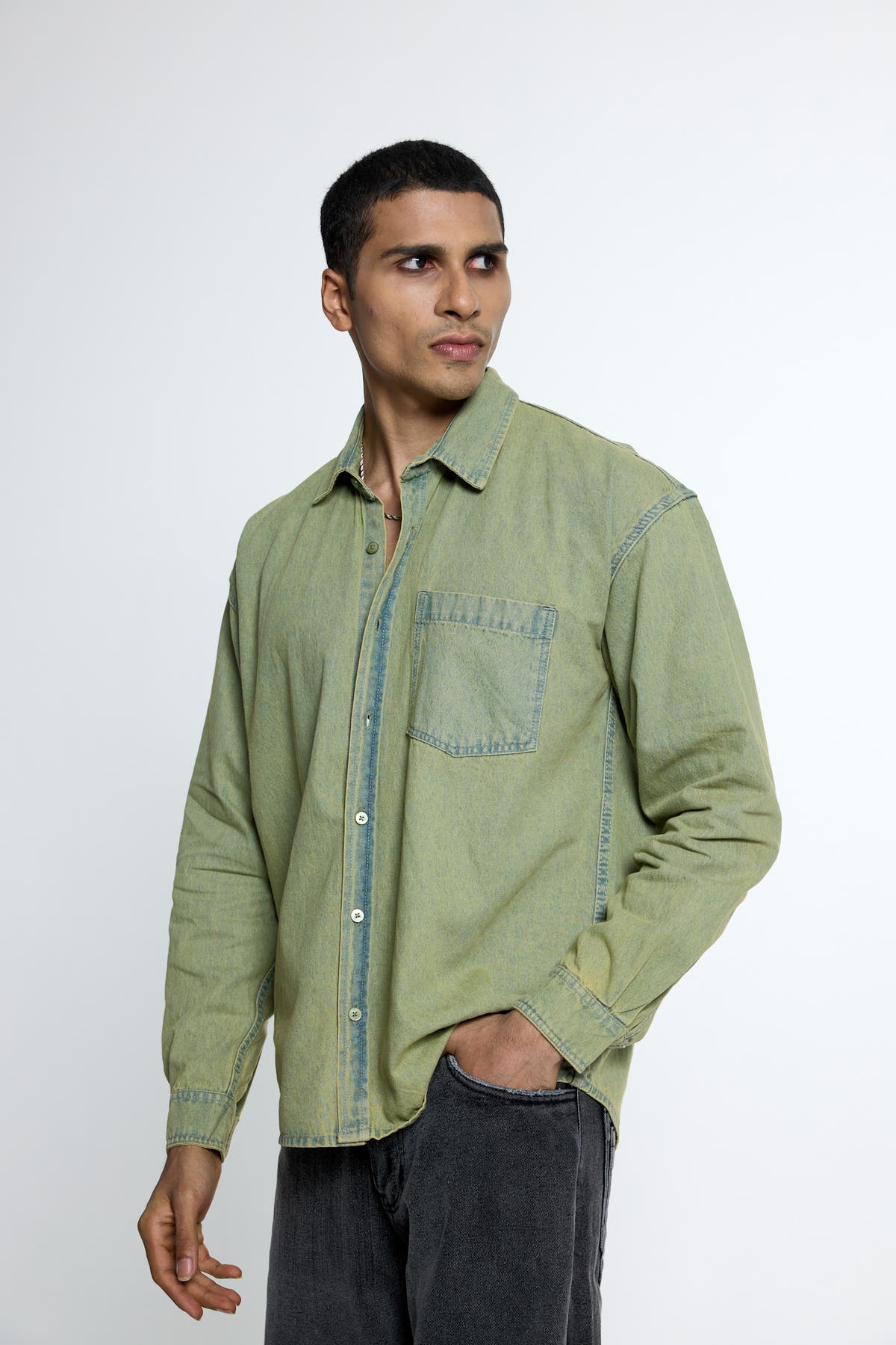 Chapter2Drip Washed Olive denim shirt