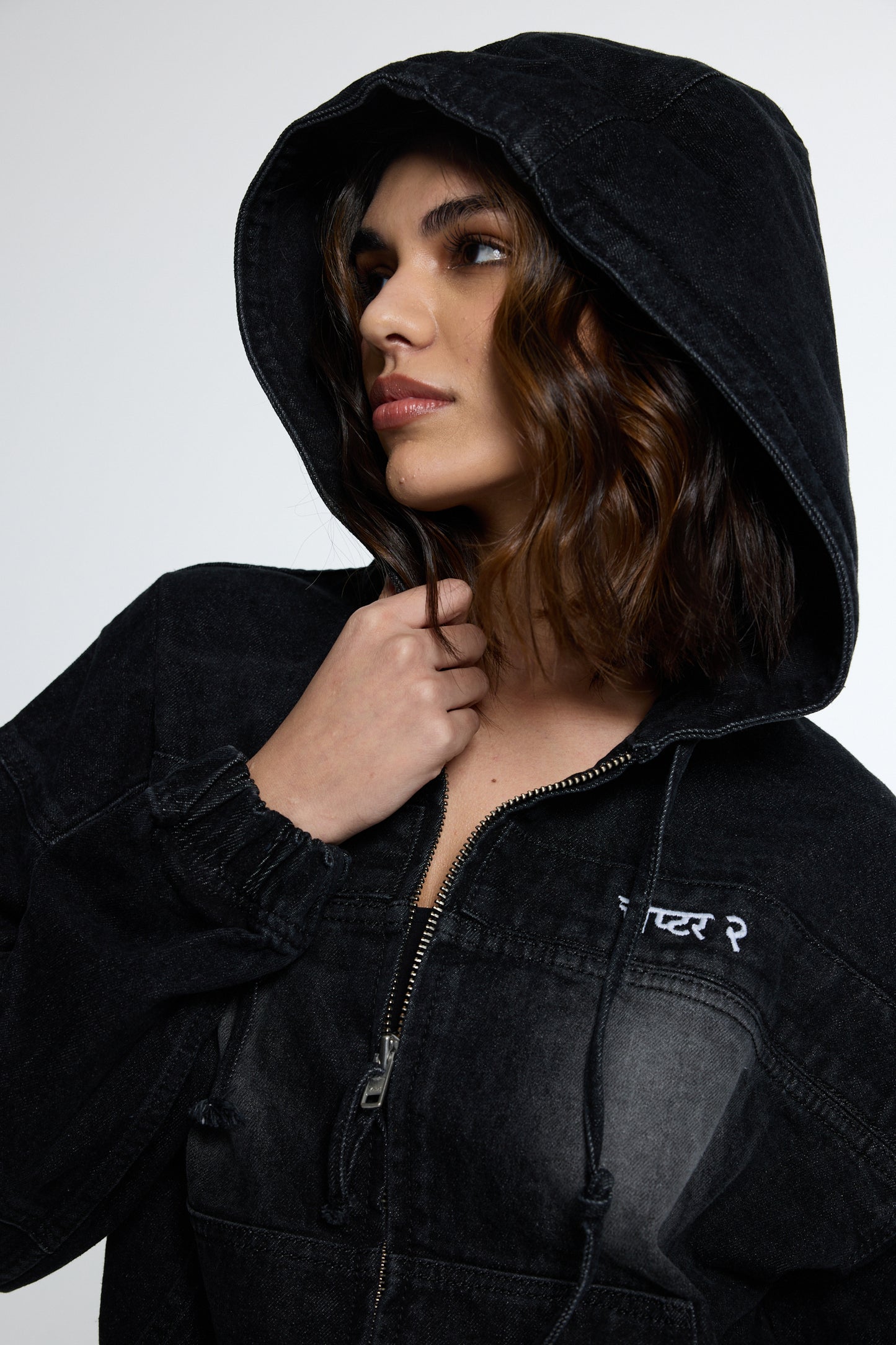 Black washed Denim Hoodie