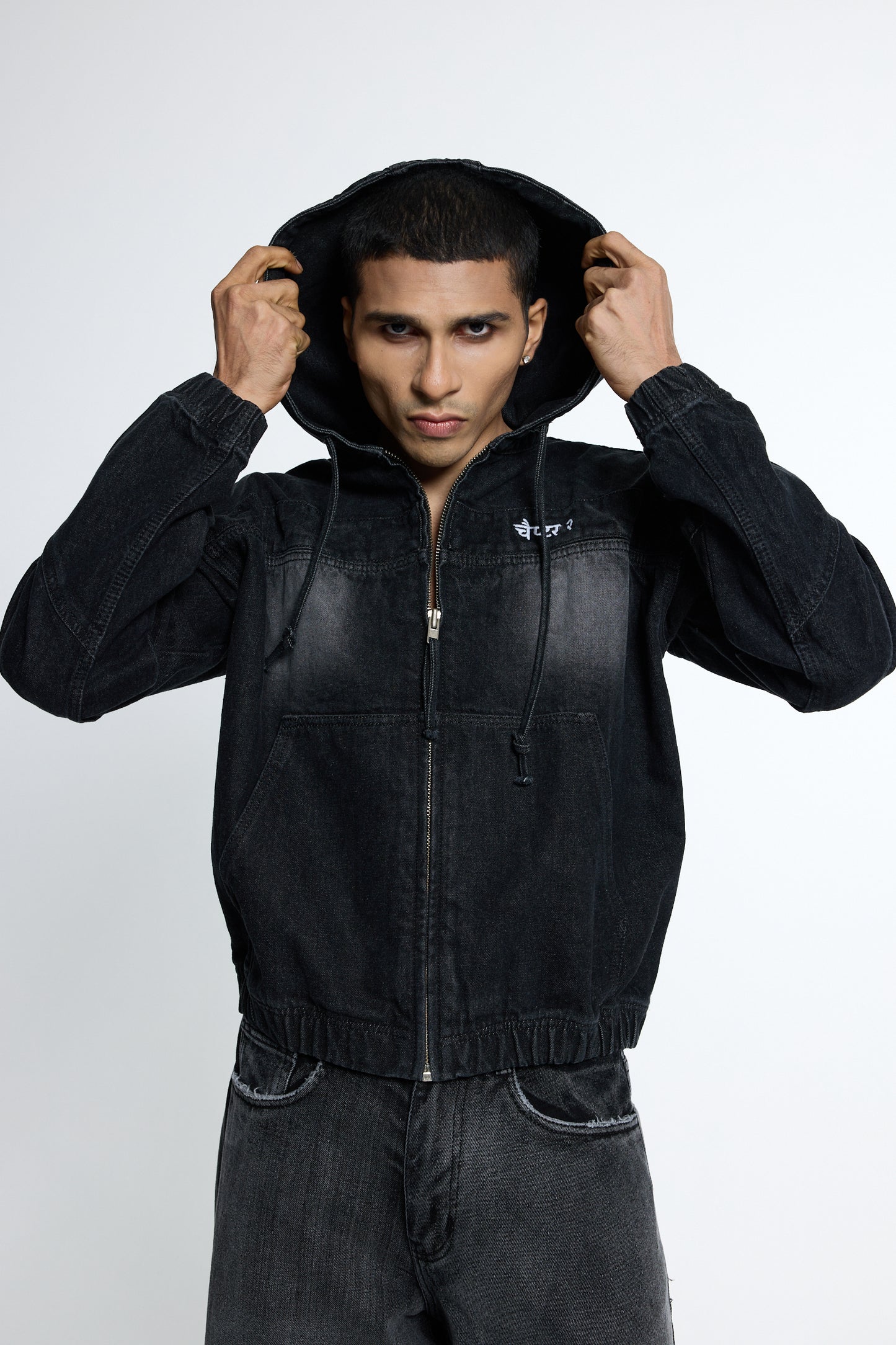 Black washed Denim Hoodie