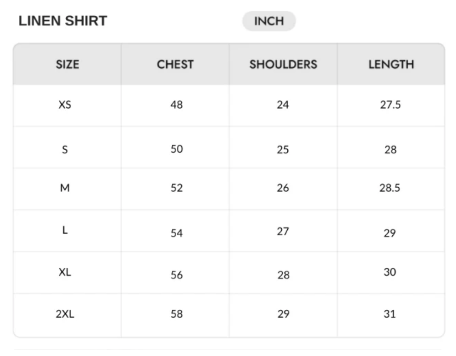 Size chart - INCH