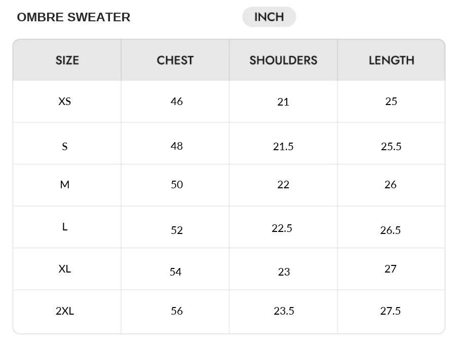 Size chart - INCHES