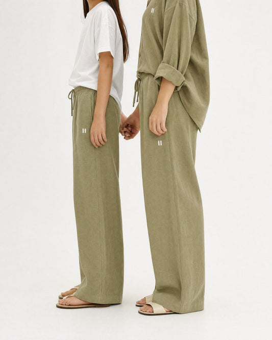 Olive Green Linen Pant Set of 2