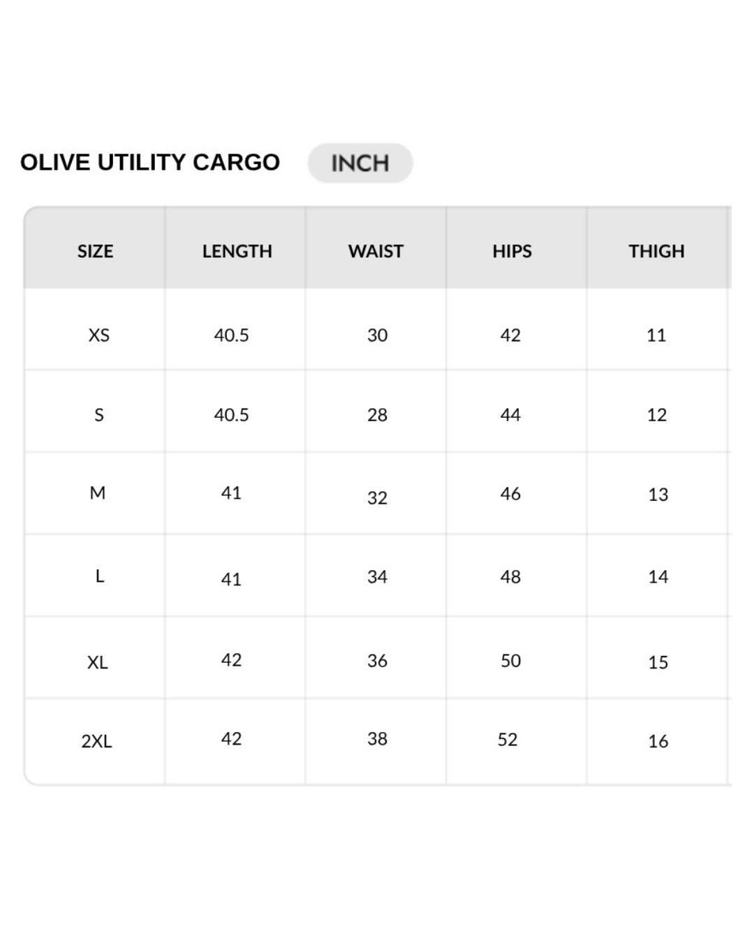 Size chart - INCH