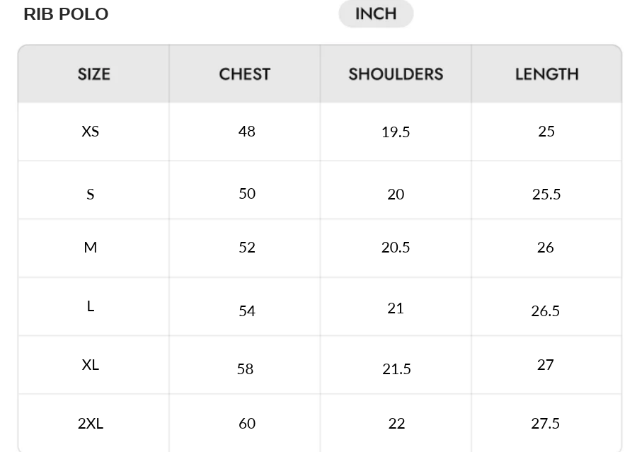 Size chart - INCHES