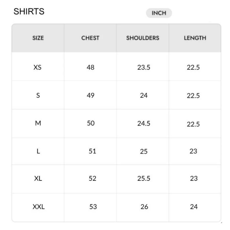 Size chart - INCH