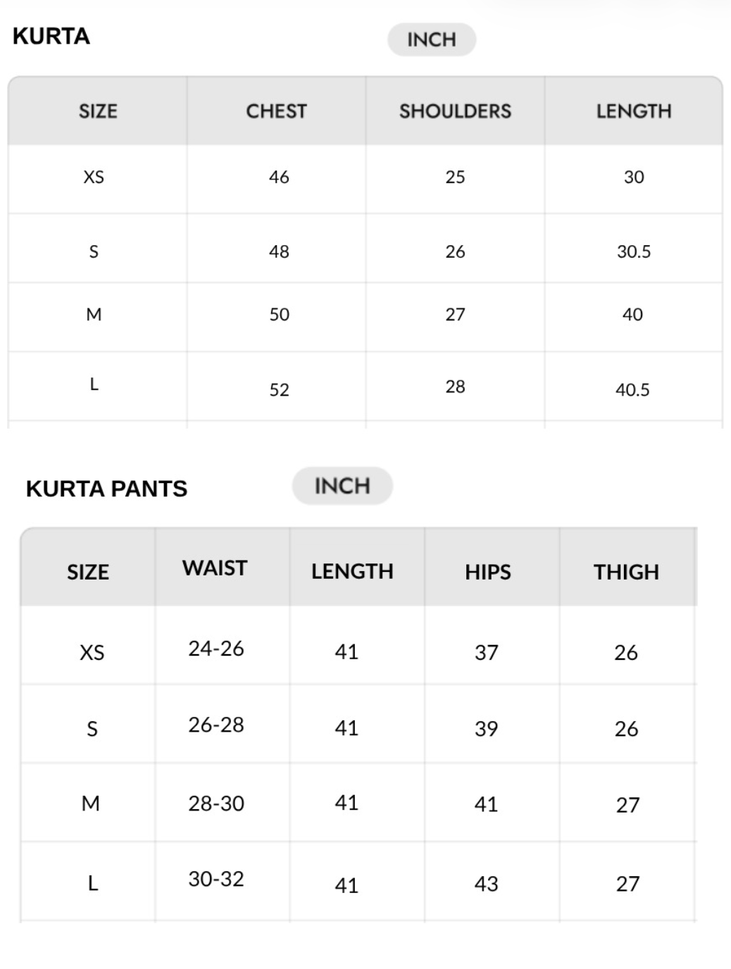 Size chart - INCHES