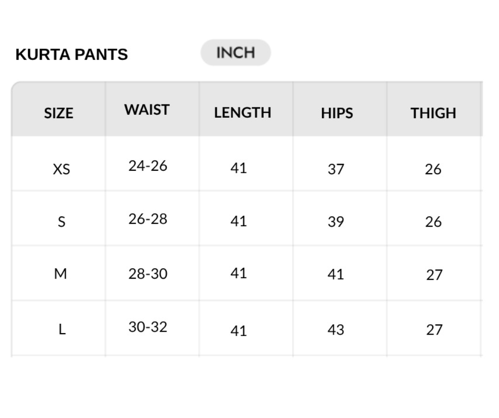 Size chart - INCHES 