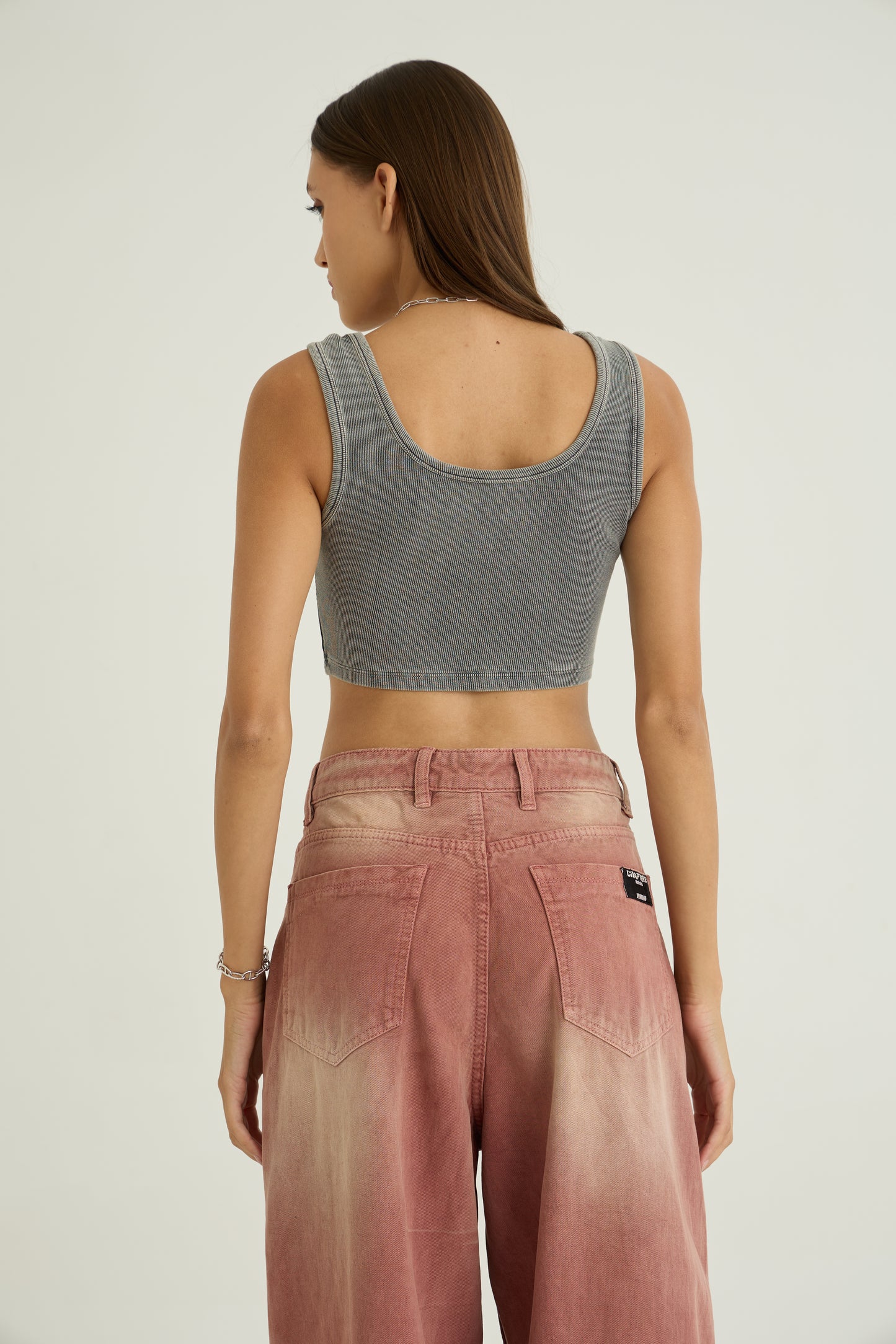 Grey Ribbed Crop Stone Wash