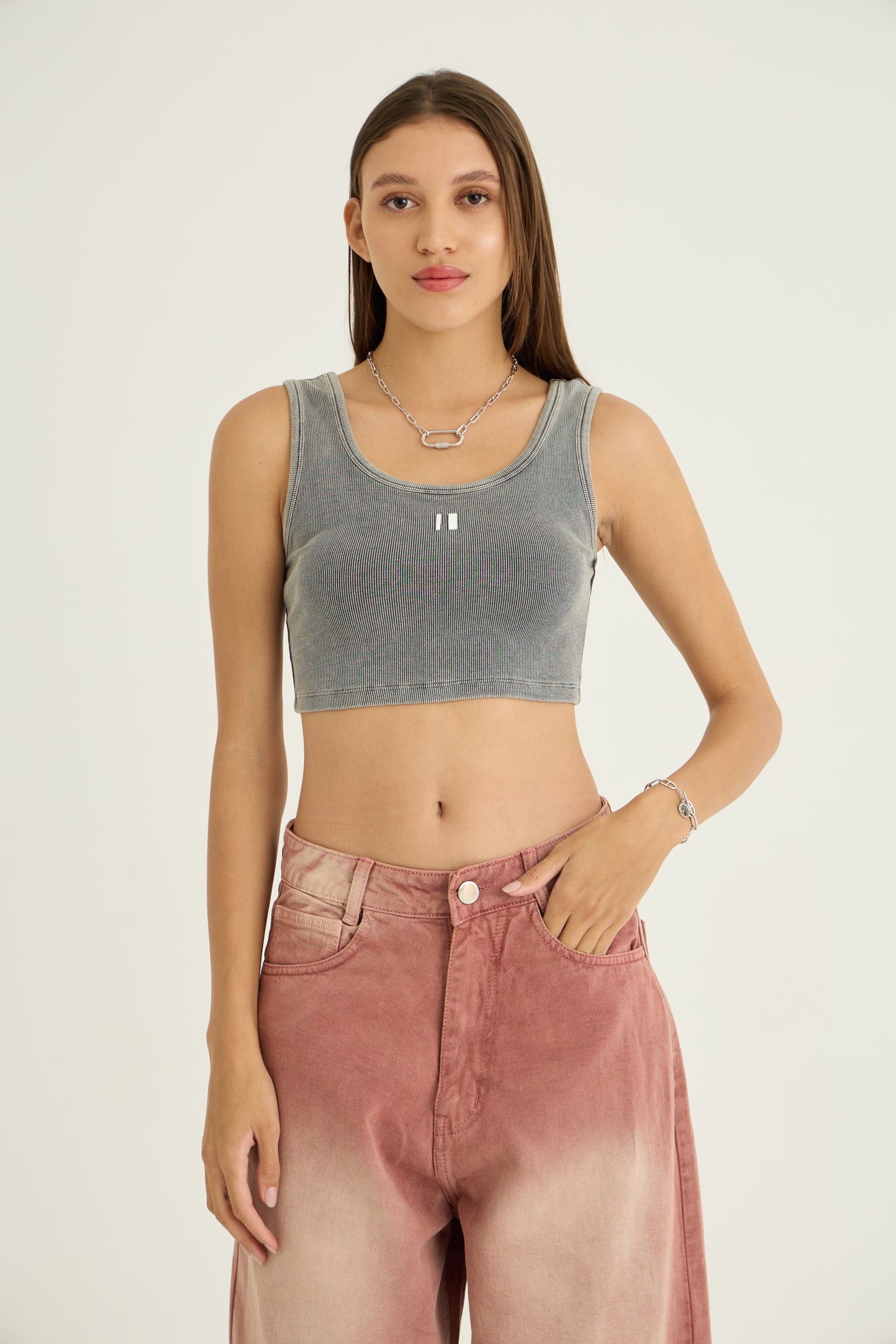 Grey Ribbed Crop Stone Wash