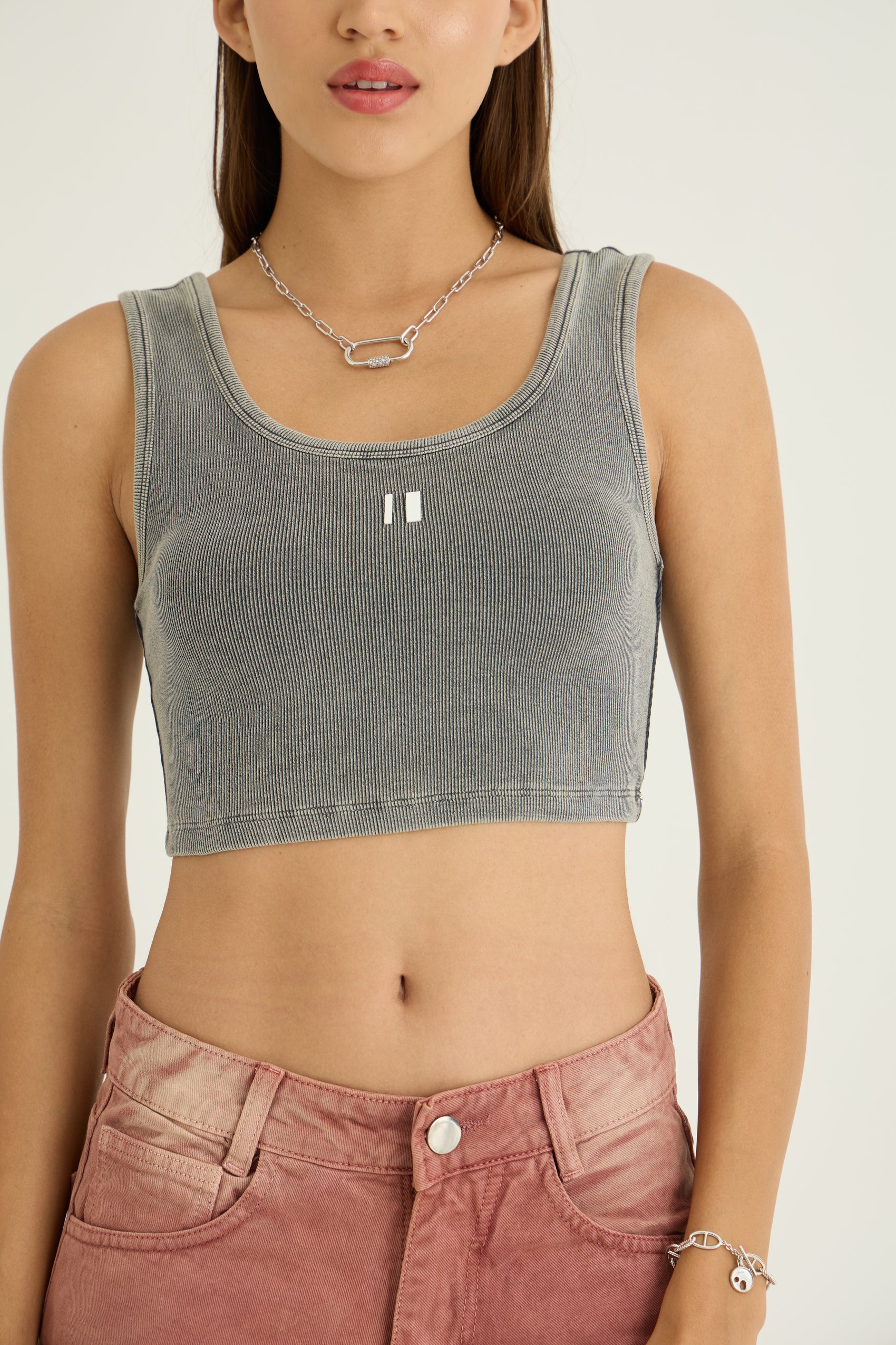Grey Ribbed Crop Stone Wash