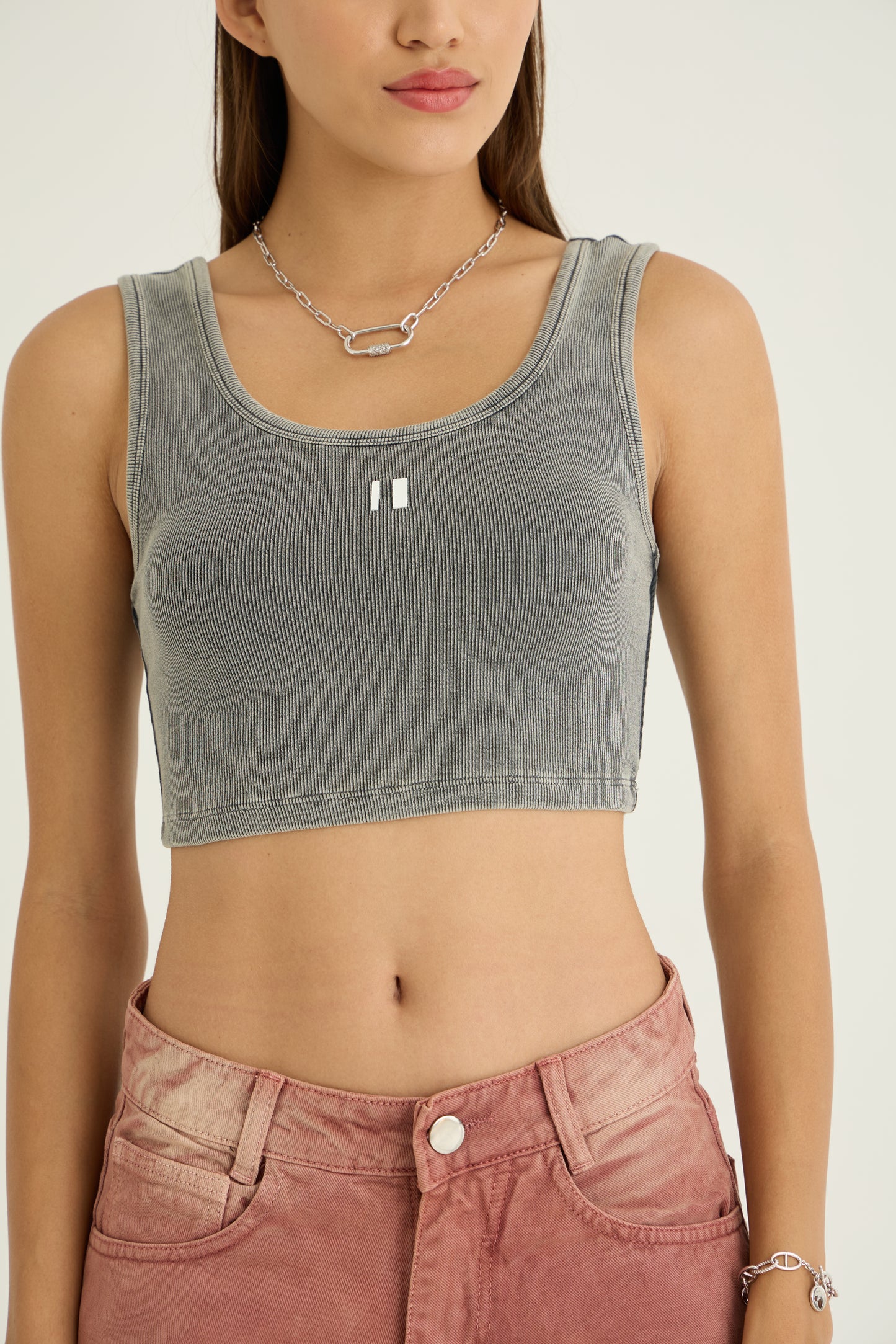 Grey Ribbed Crop Stone Wash