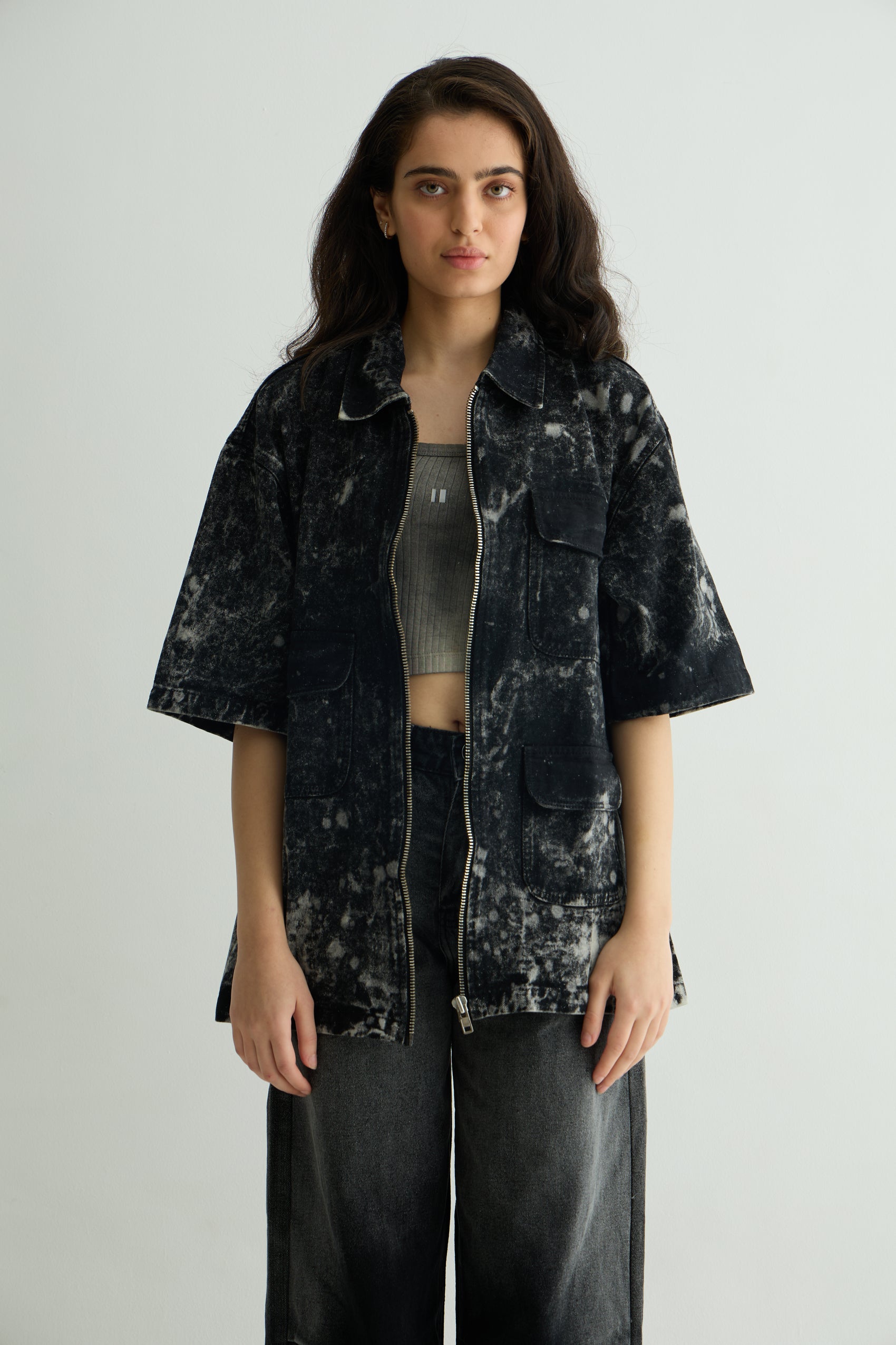 Acid Wash Zipper Shirt