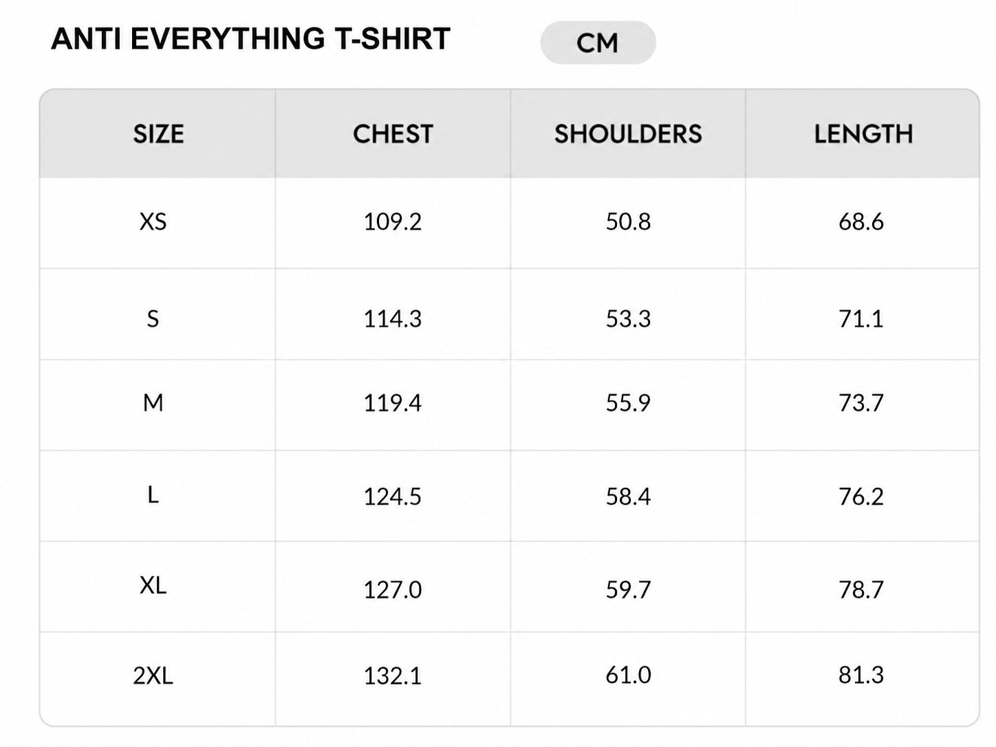 Size chart - CM