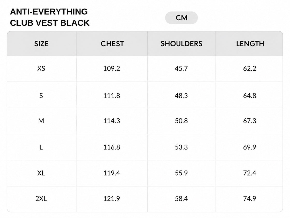 Size chart - CM