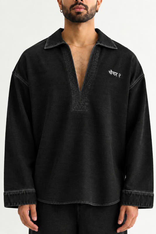 Black Denim Kurta - Front close-up
