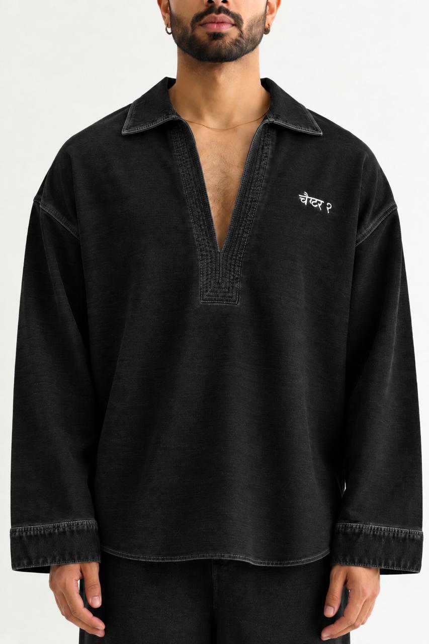 Black Denim Kurta - Front close-up