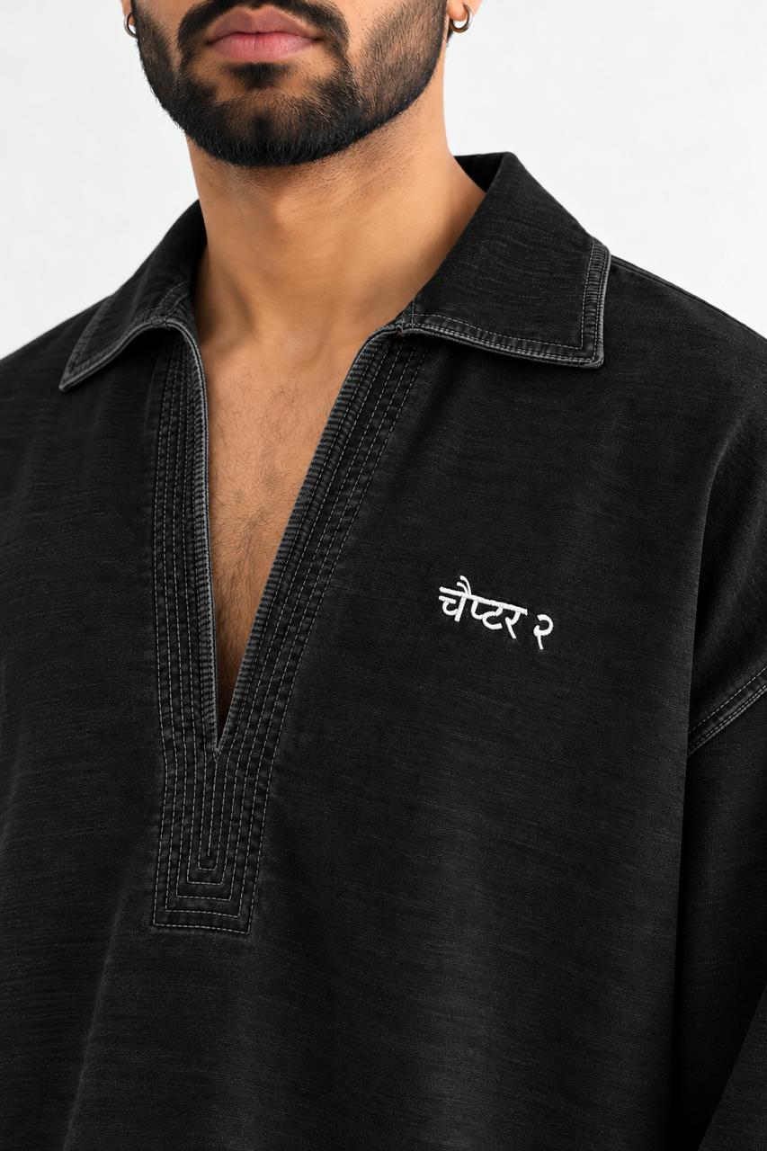 Black Denim Kurta Set - Neckline detail