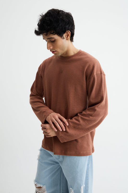 Mocha Brown Full Sleeve Waffle T-shirt