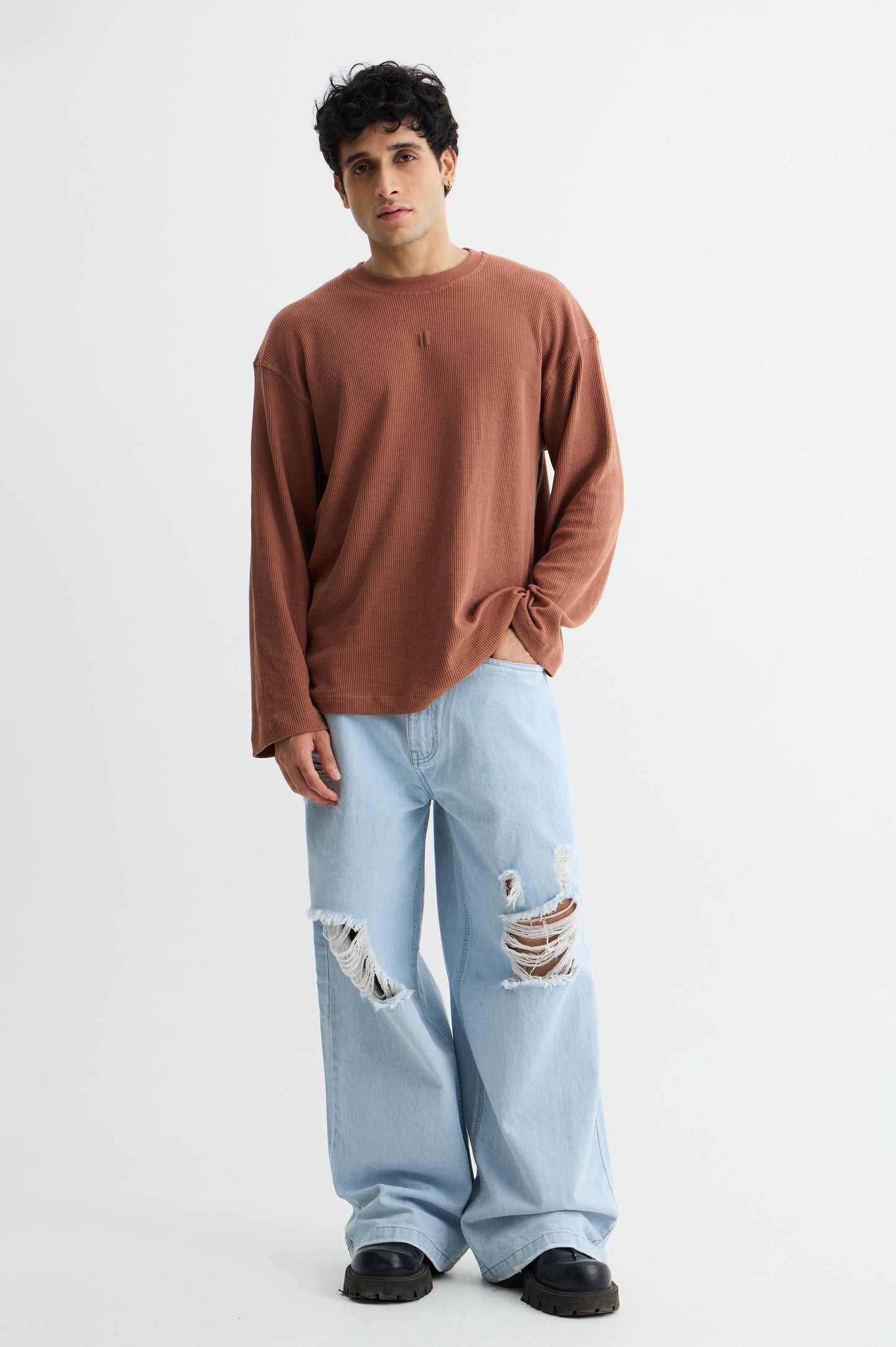 Mocha Brown Full Sleeve Waffle T-shirt