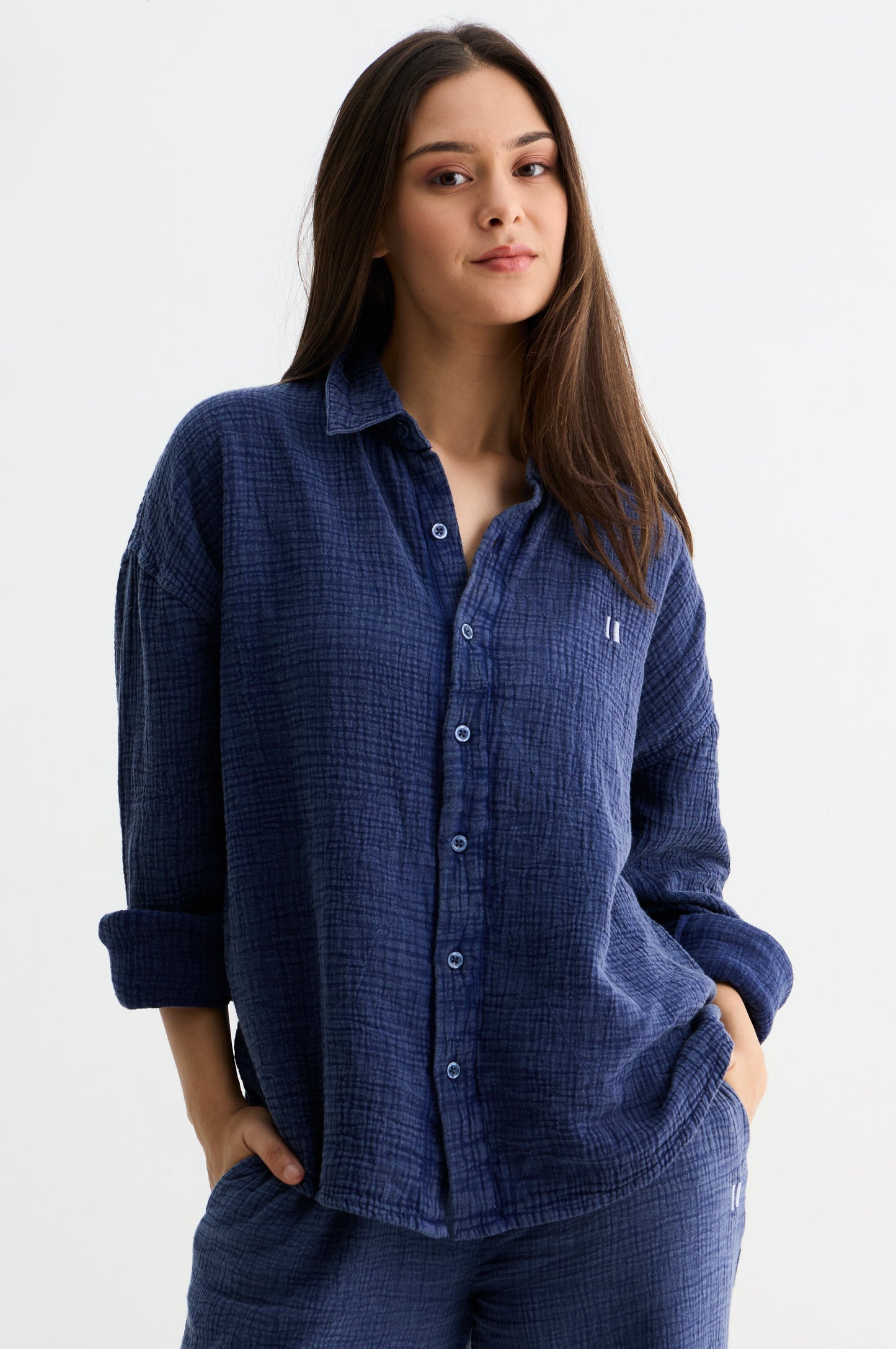 Navy Washed Gauze Cotton Shirt