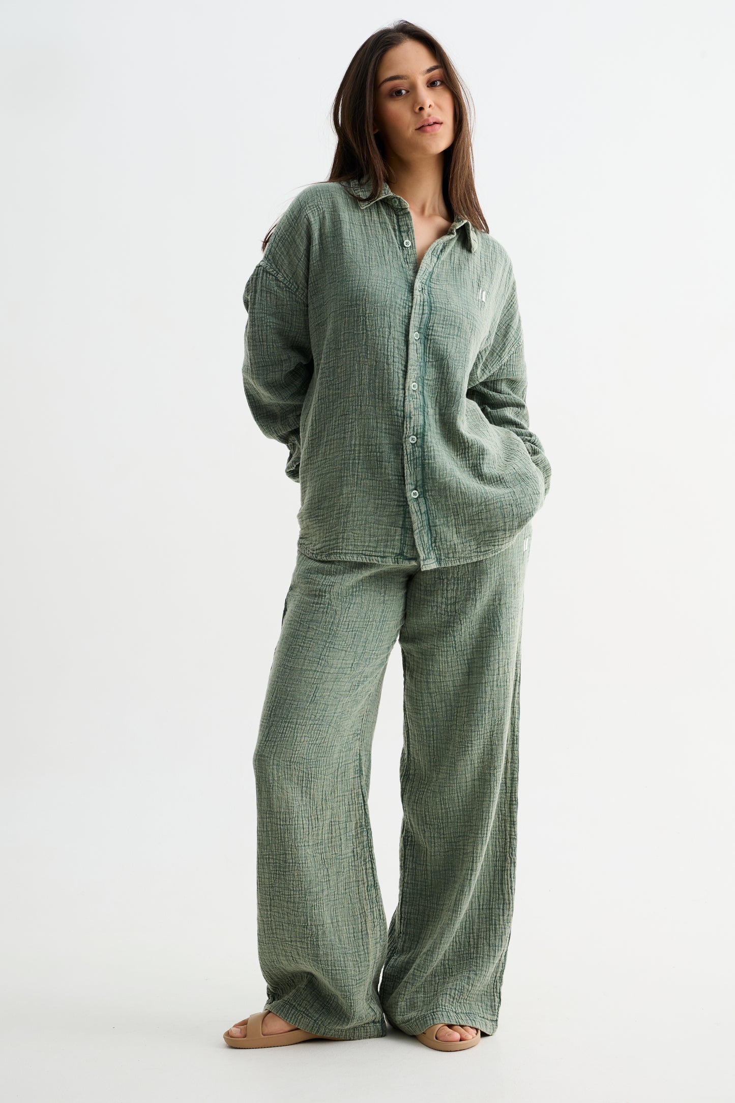 Green Washed Gauze Cotton Pant