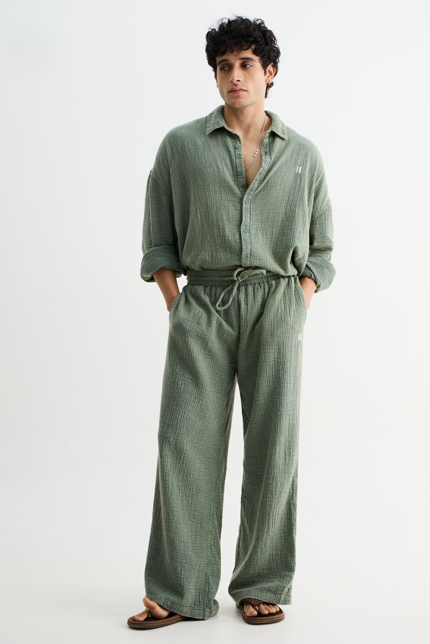 Green Washed Gauze Cotton Pant
