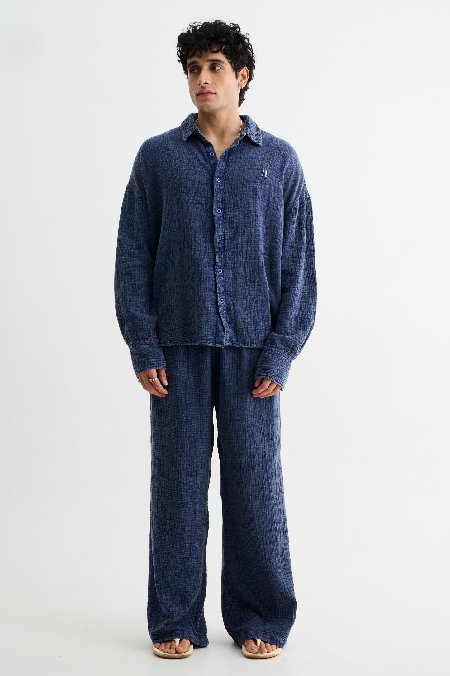 Navy Washed Gauze Cotton Pant