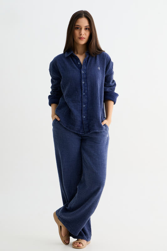 Navy Washed Gauze Cotton Pant